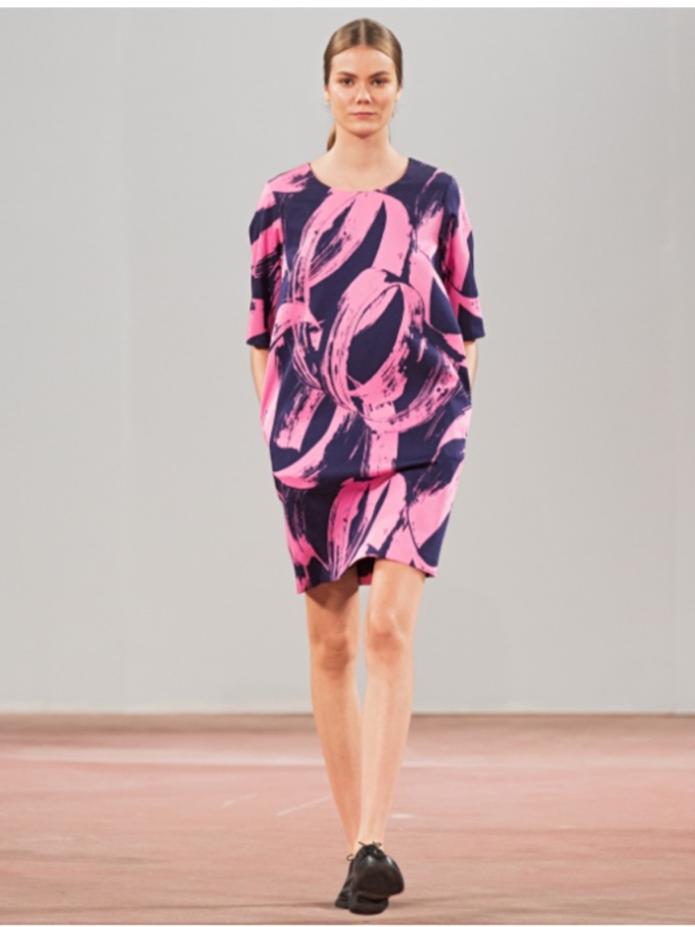 Marimekko Lainehtien Pink Navy Abstract Cotton Belted Dress 40 US 10